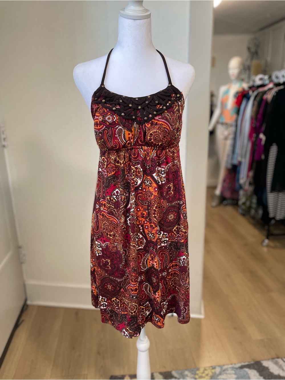 HeartSoul Paisley Halter Dress in Burgundy, Orange & Brown